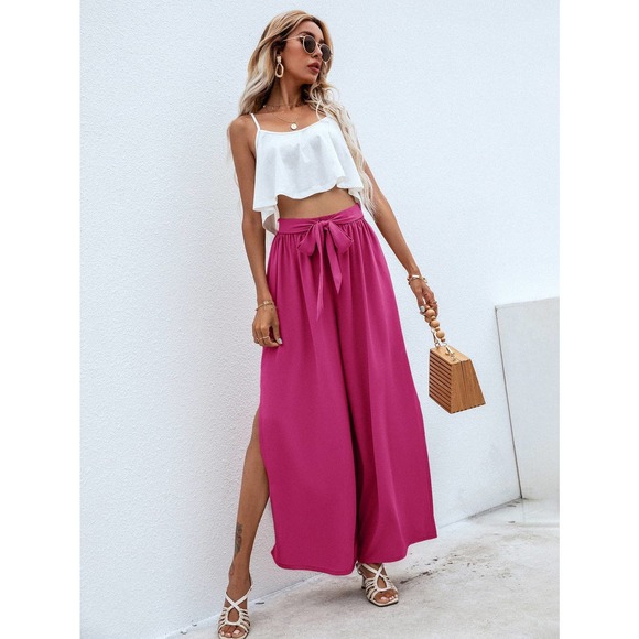 BohoGypsyDreamer.com Pants - 2 piece set: Cami crop Top & Belted Split thigh wide leg Pants hot pink